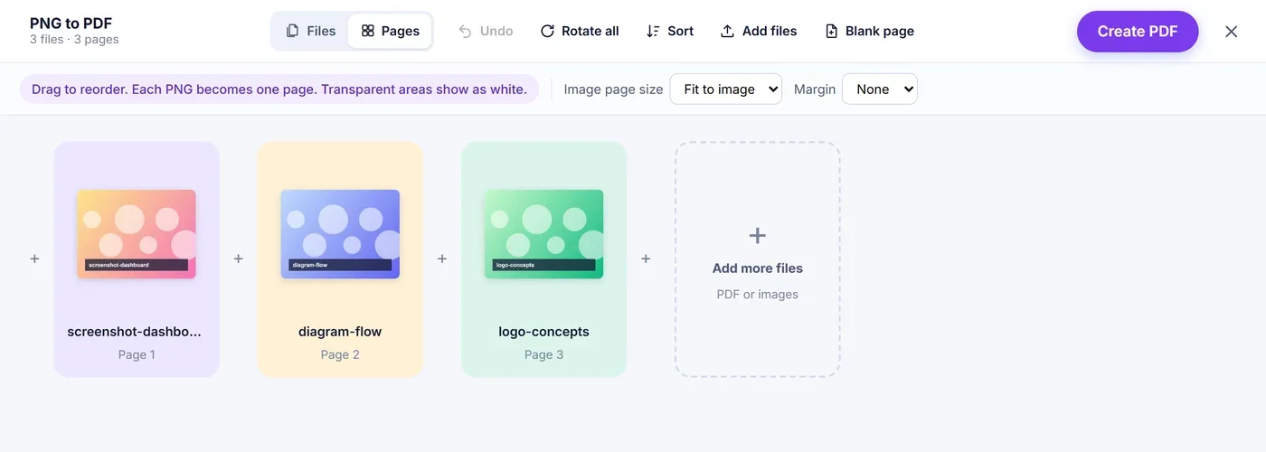 Pages workspace listing 3 files and 3 pages, with Image page size set to Fit to image, Margin set to None and a hint that transparent areas show as white